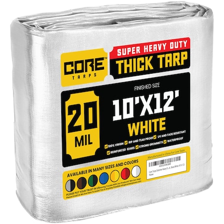 Core Tarps Heavy Duty Tarp, 12 ft L x 0.5 mm H x 10 ft W, 20 Mil, White, Polyethylene CT-704-10X12